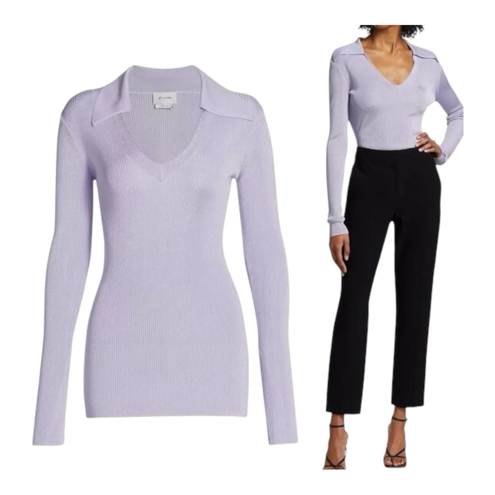 NWT $495 ST.‎ JOHN Lilac V-Neck Collar Ribbed Polo Sweater sz XL quiet luxury